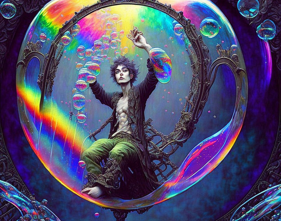 Person with Exaggerated Features on Tree Surrounded by Bubbles in Cosmic Setting