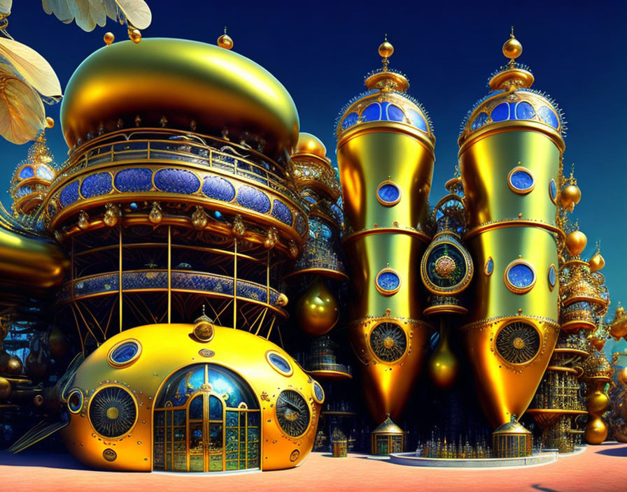 Fantastical Cityscape with Golden Domes and Steampunk Architecture