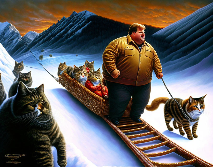 Person walking large cat with cats on sled in snowy mountain scene at twilight