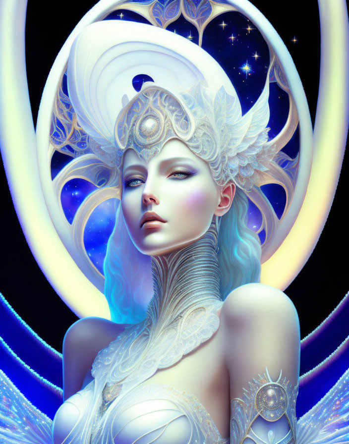 Pale-skinned figure with headdress in cosmic setting