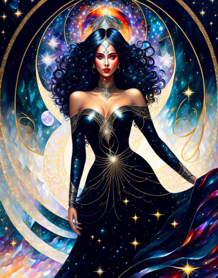 Stylized cosmic illustration of a woman in black dress with gold accents surrounded by stars