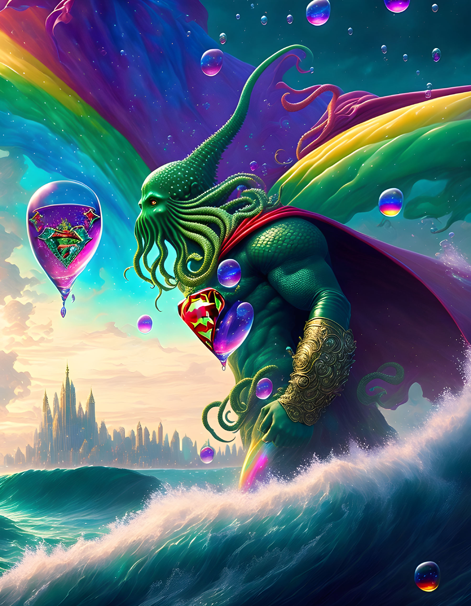 Colorful Fantasy Art: Squid-Headed Figure in Ocean Scene