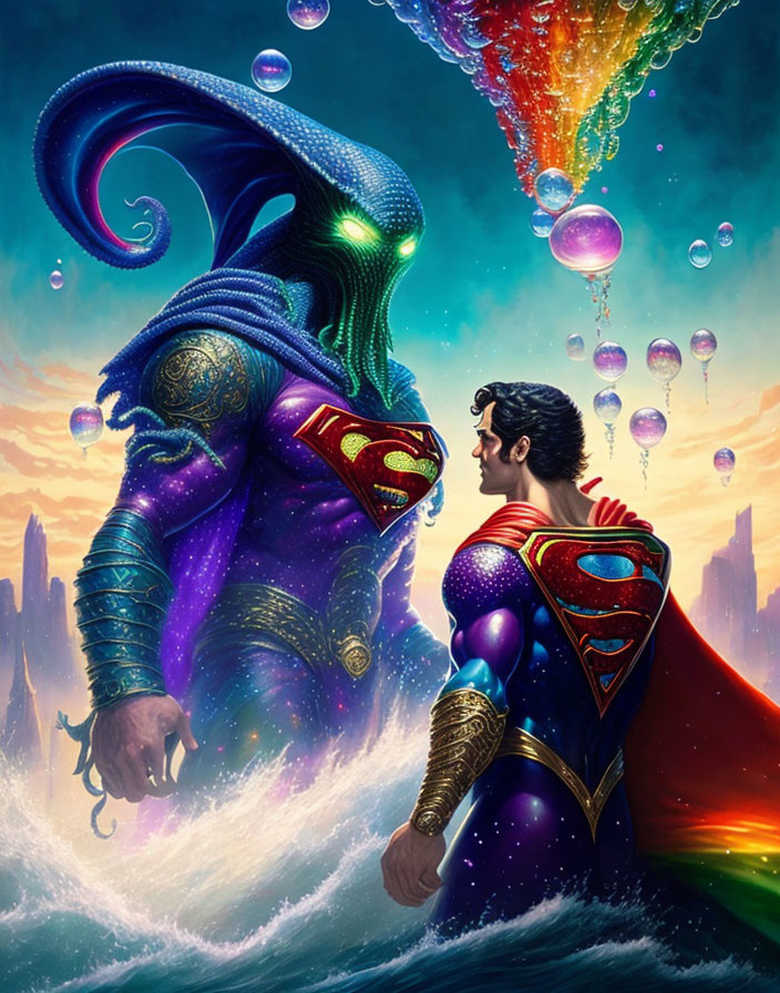 Superman and colorful alien creature in cityscape with floating bubbles