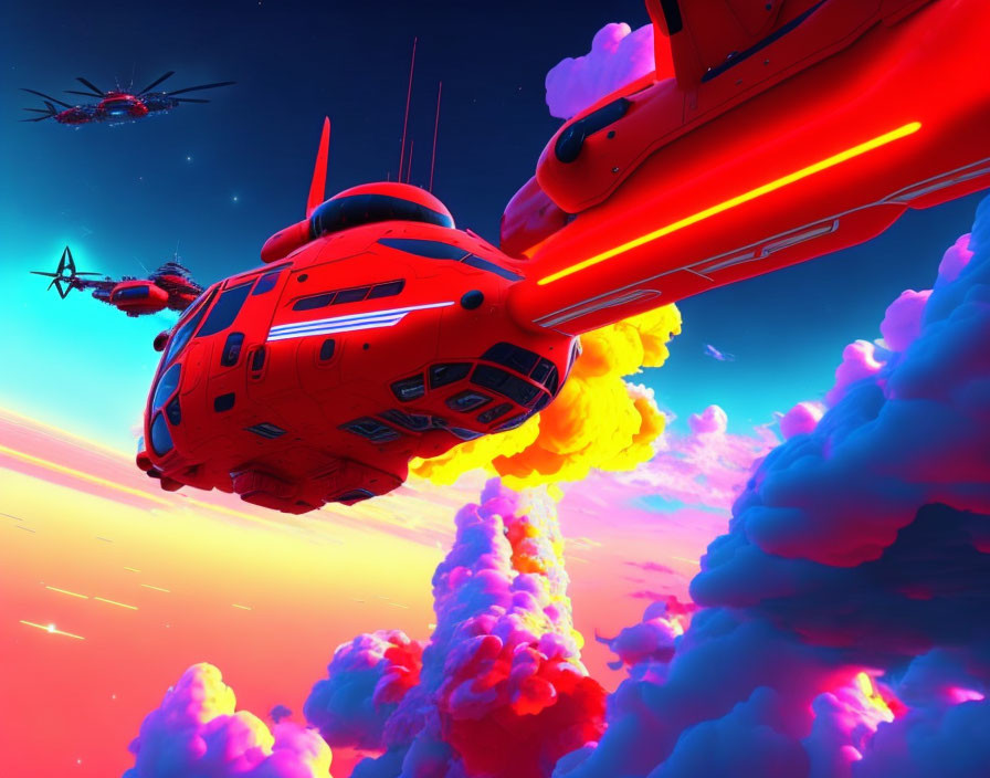 Red futuristic spacecrafts flying over clouds in vibrant sunset sky with ocean below