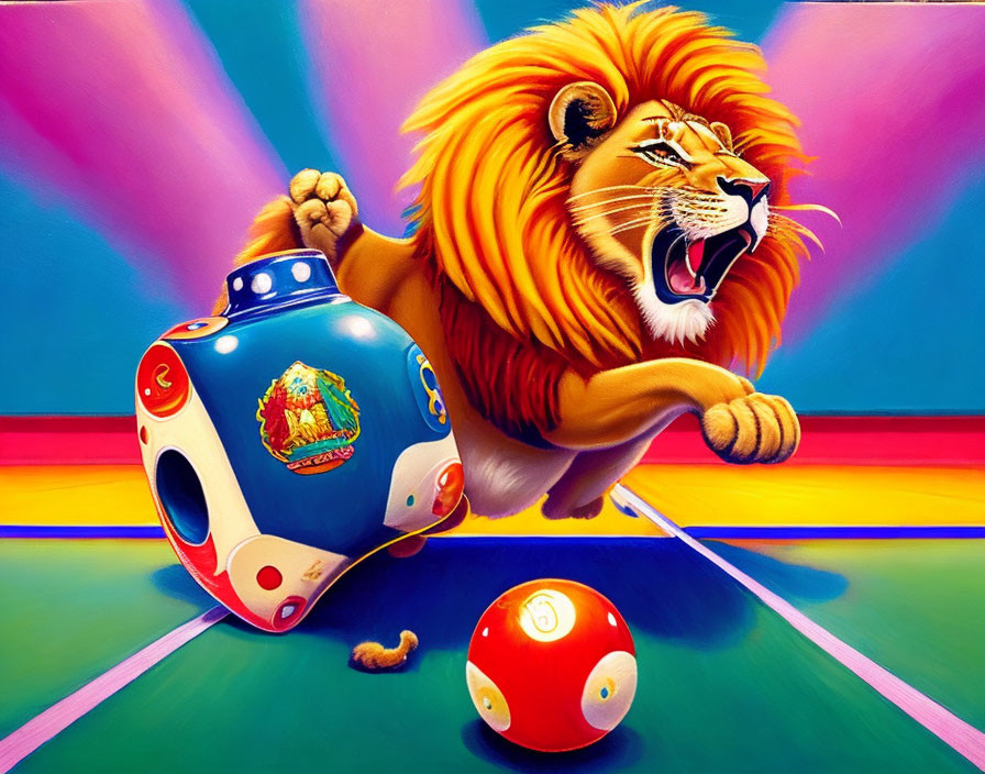 Colorful Roaring Lion Illustration with Lottery Ball on Rainbow Background