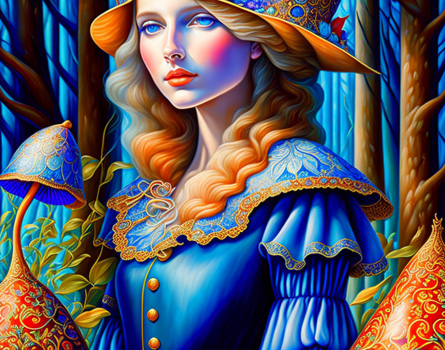 Blonde woman in blue dress with wide-brimmed hat in mystical forest