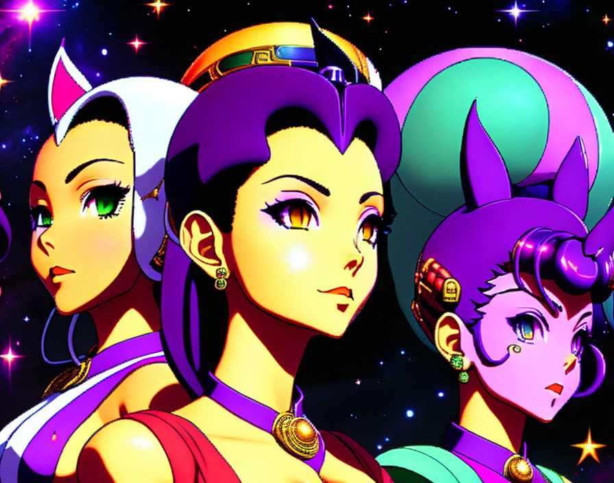 Colorful Hair Anime Characters in Space Background