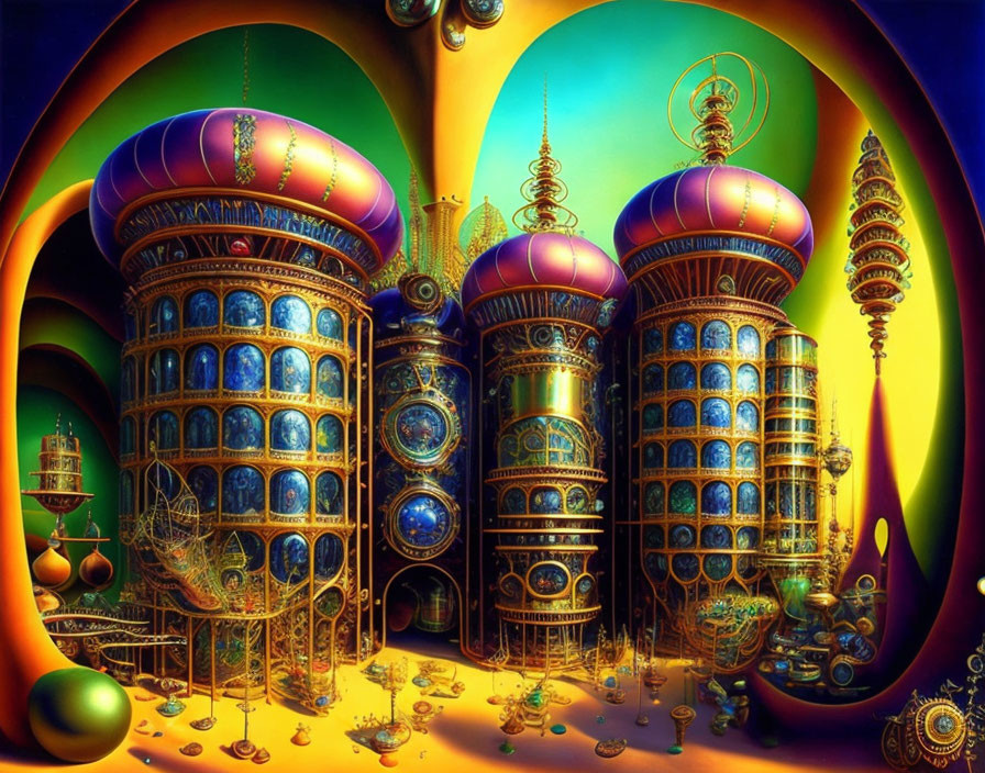 Surreal landscape with domed towers and intricate designs