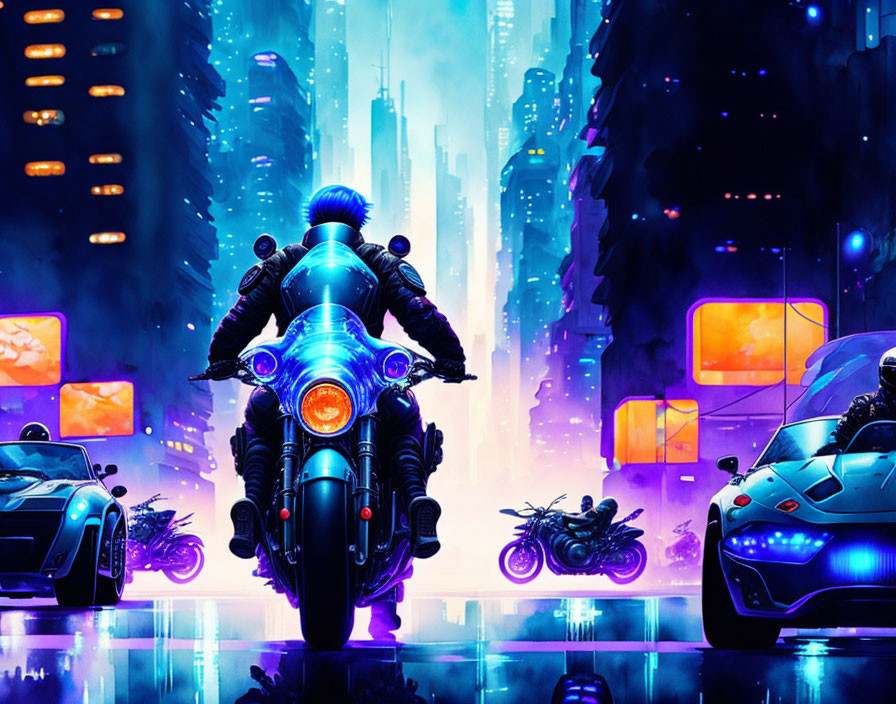 Futuristic motorcyclist on neon-lit urban street at night