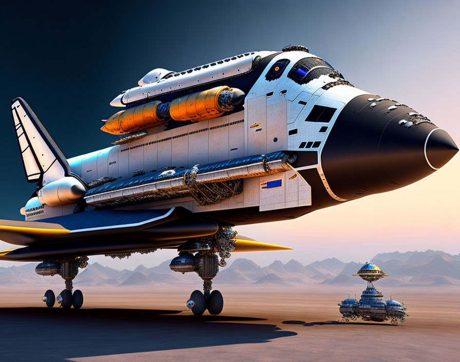 Futuristic space shuttle on desert airstrip with advanced machinery