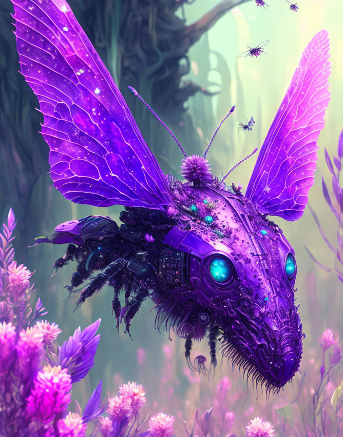 Mechanical butterfly digital art with purple wings in mystical scenery