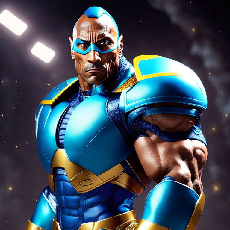 Muscular superhero in blue and gold armor, bald head, stern expression, starry backdrop