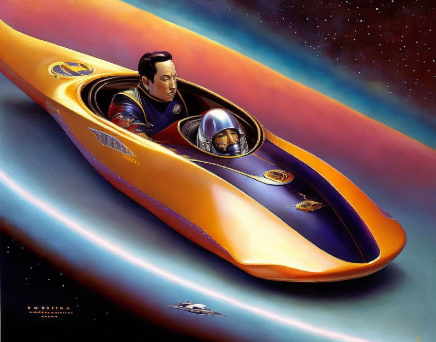 Futuristic orange spaceship illustration in space.