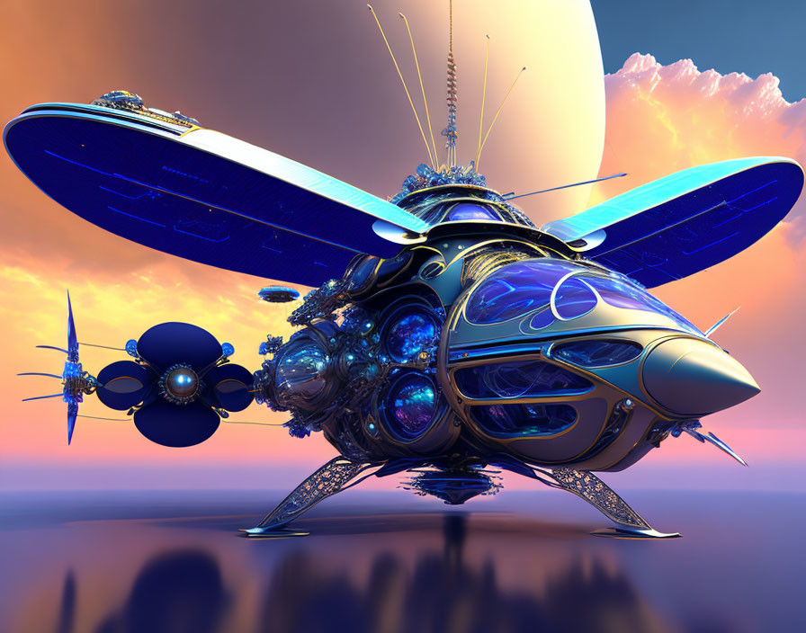 Intricate glowing mechanical bees on alien landscape with large planet.