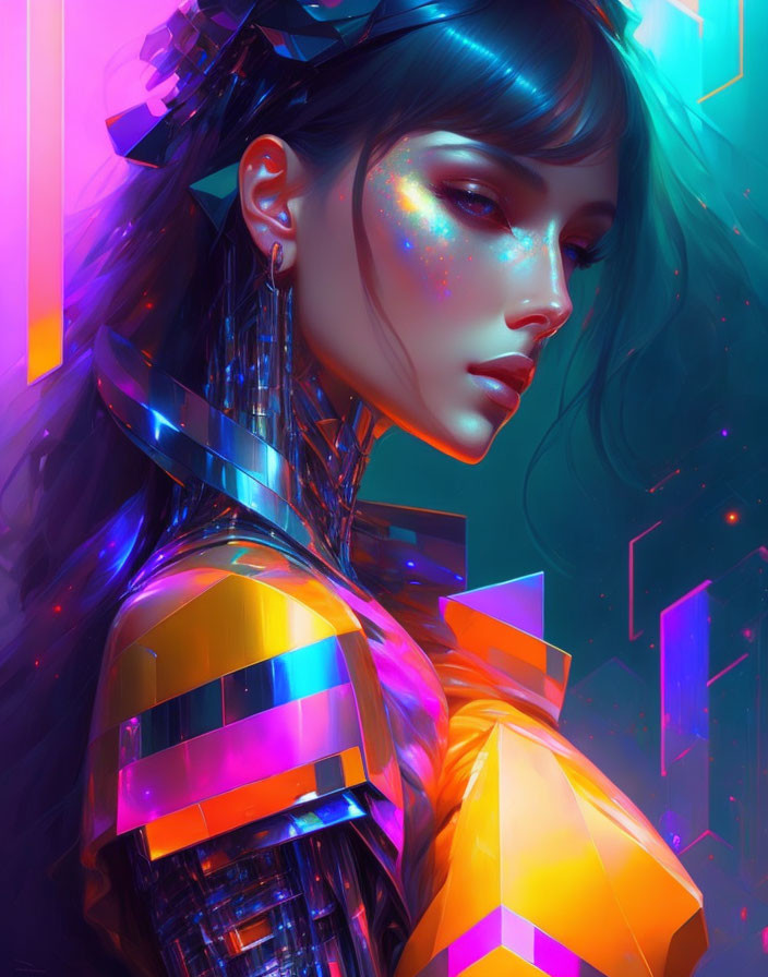 Digital artwork: Woman with cybernetic features in iridescent armor and glowing makeup on neon-l