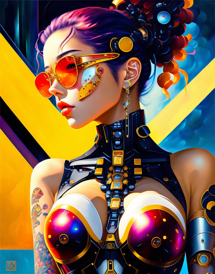 Colorful Cyberpunk Female Illustration with Reflective Sunglasses