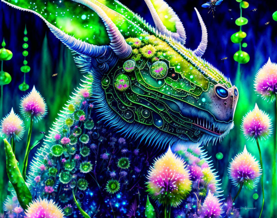 Colorful Neon Dragon Surrounded by Glowing Flora in Enchanted Forest