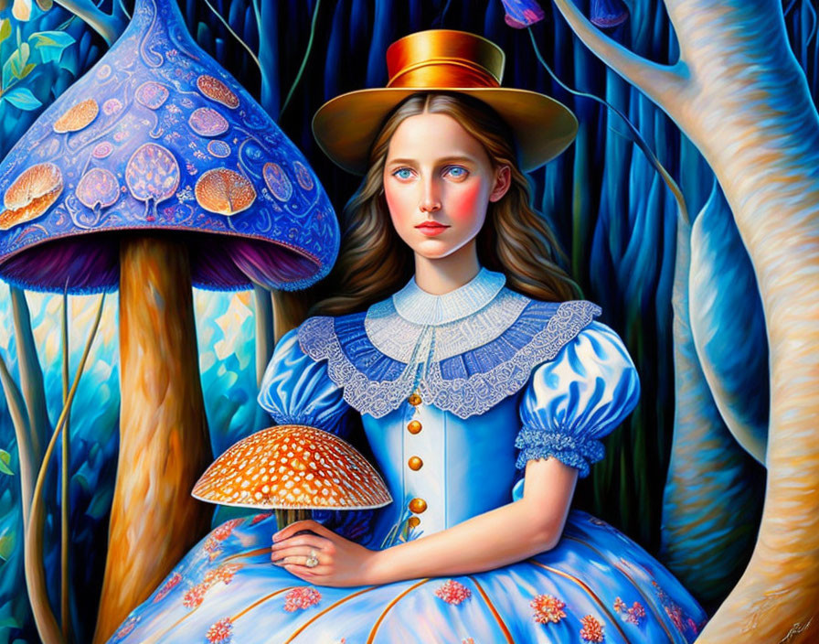 Surreal illustration: Woman in blue dress with giant mushrooms and stylized trees