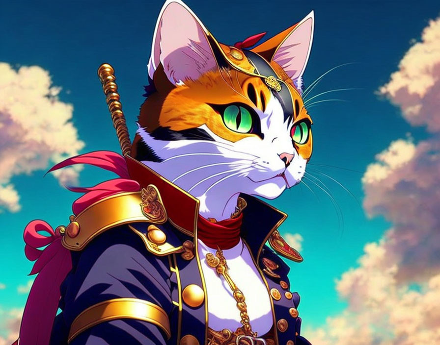 Regal tricolor cat in military attire under blue sky