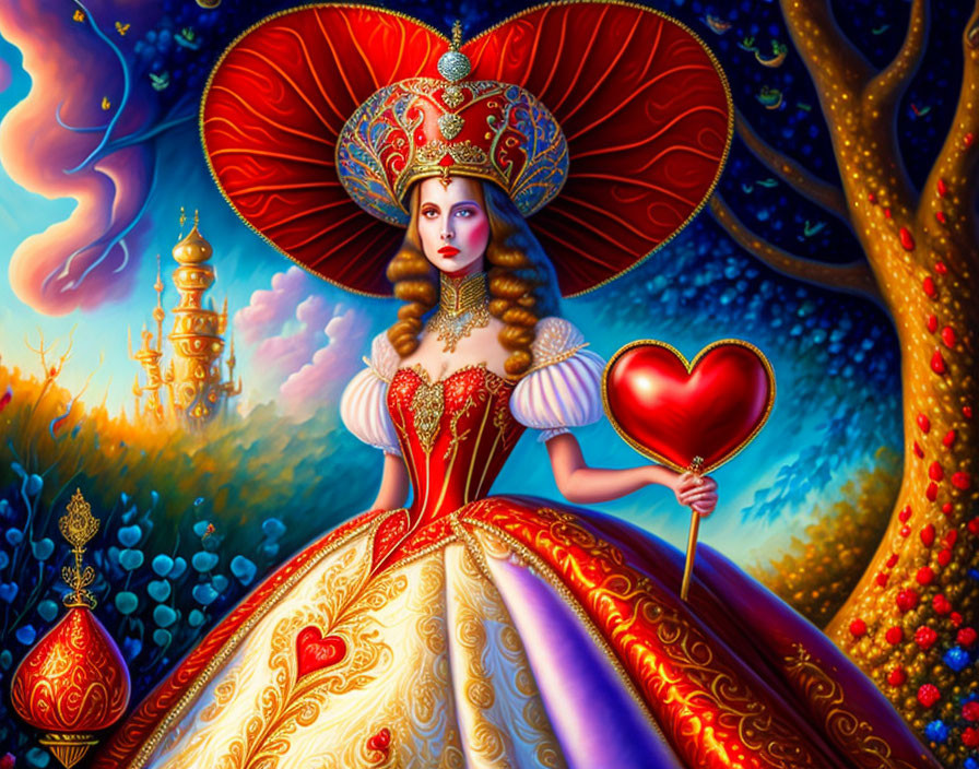 Vibrant illustration of majestic queen in red and gold gown with heart-shaped scepter