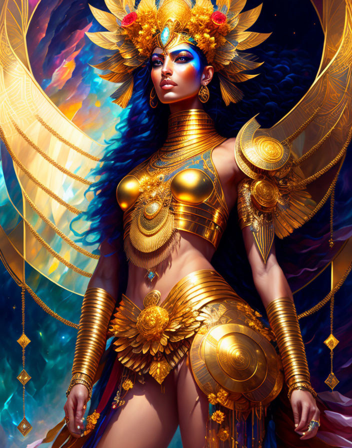 Golden-armored figure in cosmic setting with mystical aura.