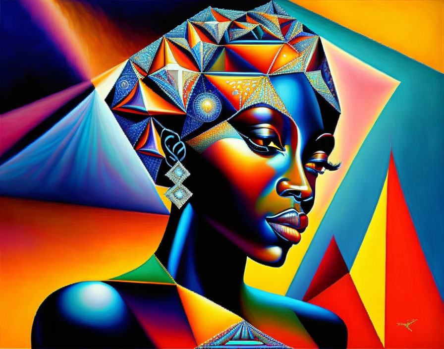 Colorful portrait of a woman with geometric headwrap against bold background.