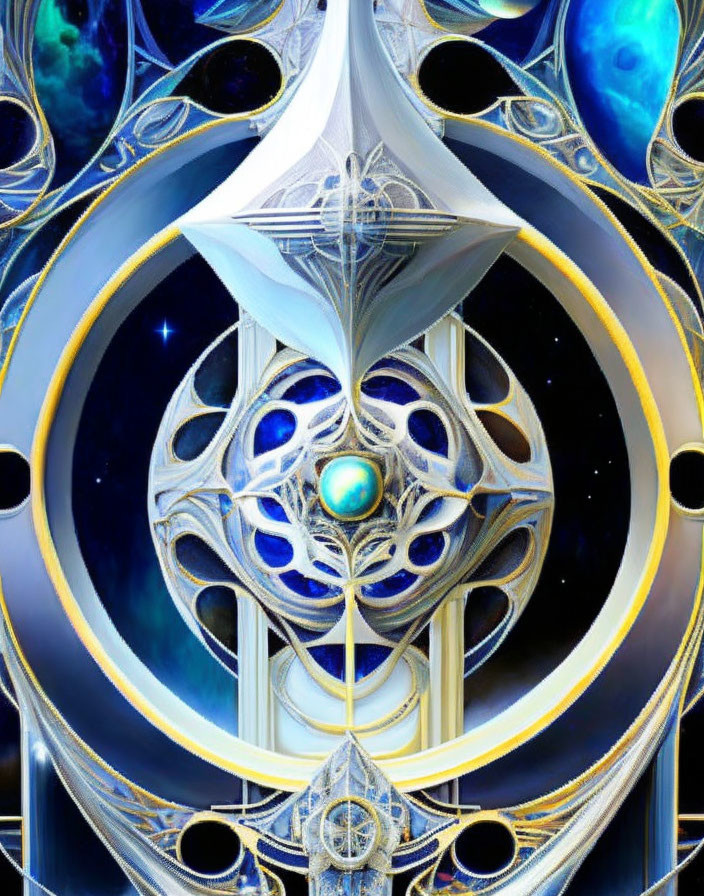 Symmetrical fractal design with cosmic orbs and metallic accents