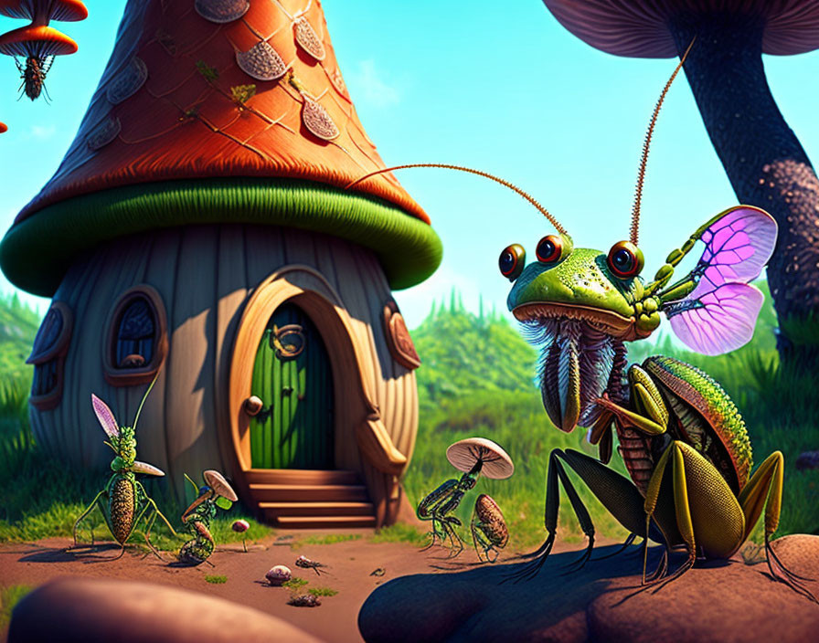 Colorful Anthropomorphic Grasshopper with Mushroom House in Whimsical Forest