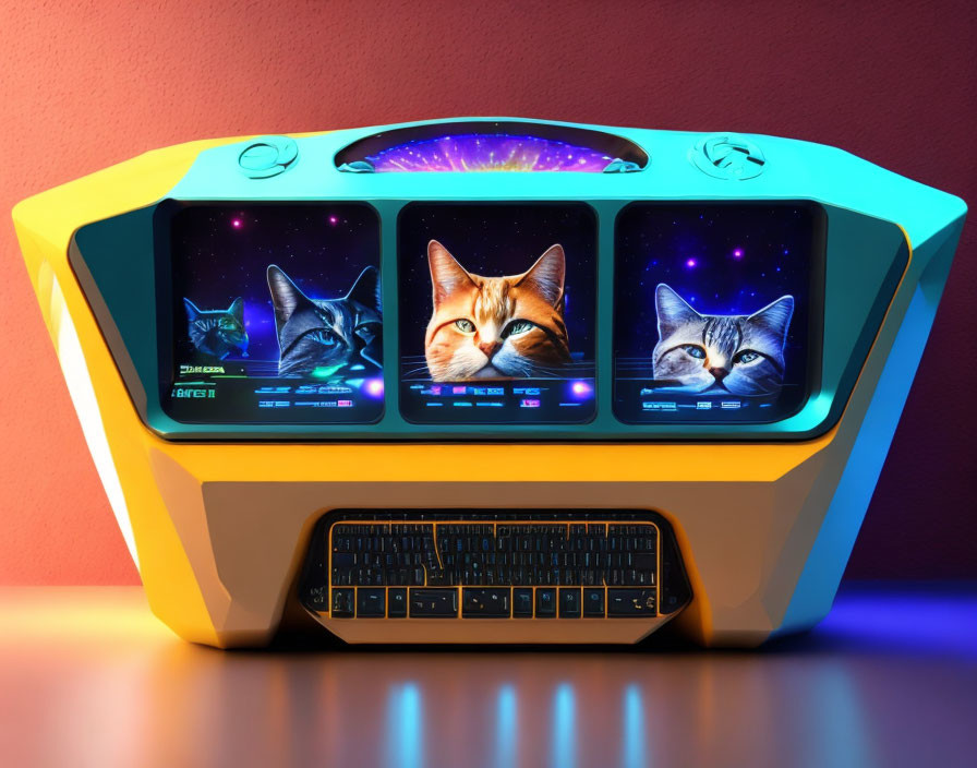 Three-Screen Futuristic Computer with Cat Images and Neon Keyboard