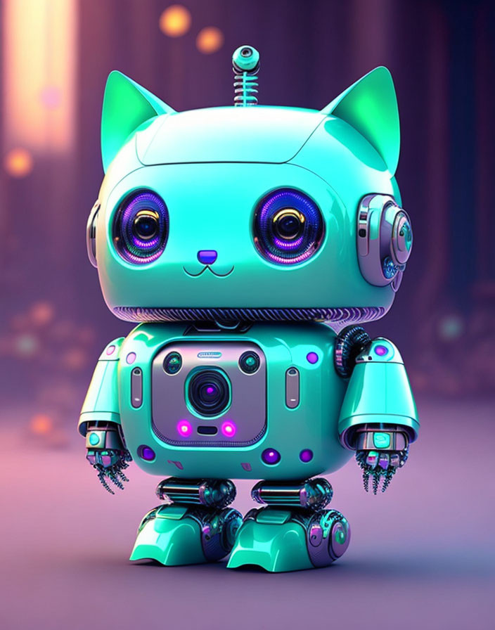 Turquoise Cat Robot with Purple Eyes on Soft Background