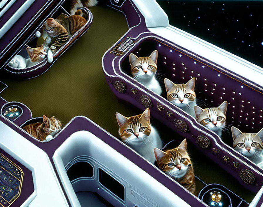 Surreal illustration: Cats in spaceship with cosmic view