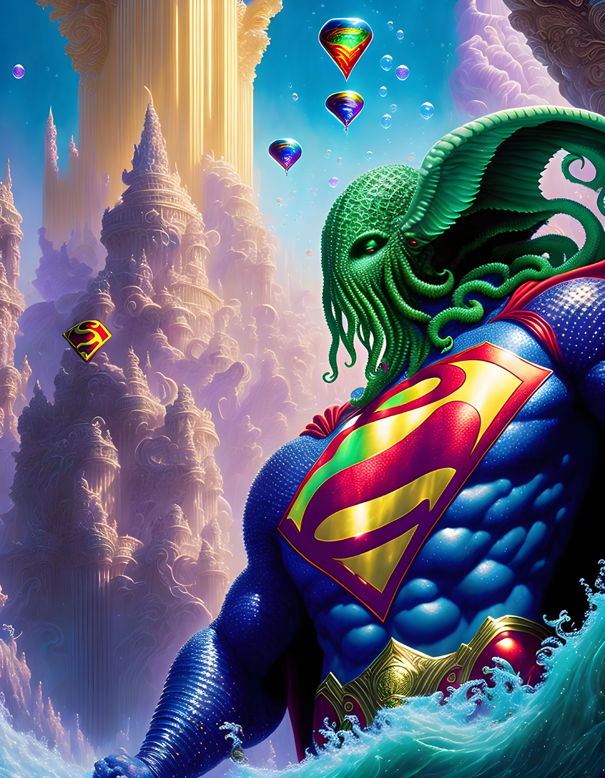 Fantastical artwork of Cthulhu-inspired Superman overlooking ethereal city