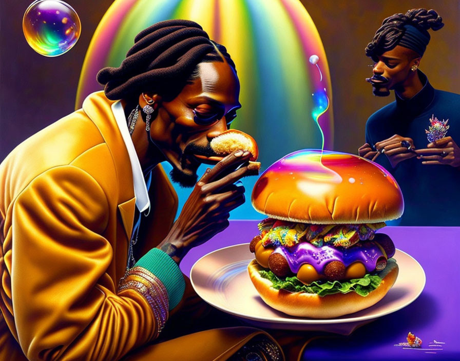 Colorful Outfits: Stylized Men Admiring Giant Burger