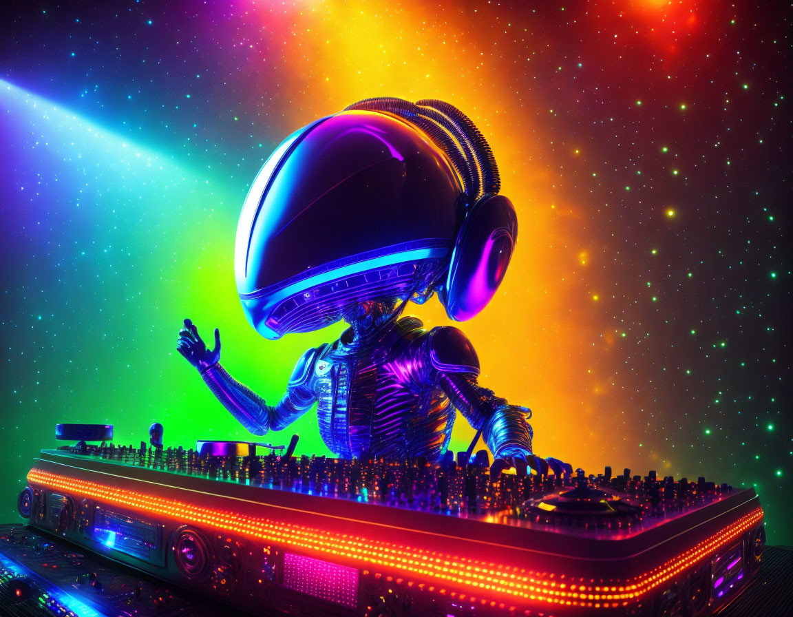 Futuristic robot DJ with large helmet mixing tracks in neon-lit cosmic scene