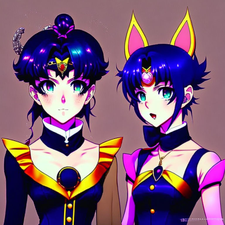 Anime-style characters with blue hair: one wears a moon tiara, the other has cat ears and