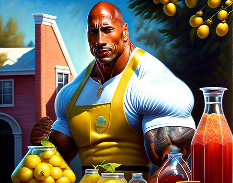 Muscular man at lemonade stand with fresh lemons, pitcher, and house in background