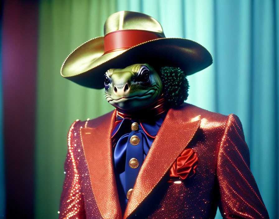 Colorful Anthropomorphized Reptile Character in Flamboyant Attire