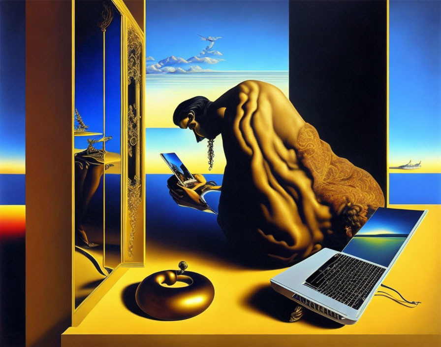 Muscular man in surreal artwork with book, laptop, and window scenery