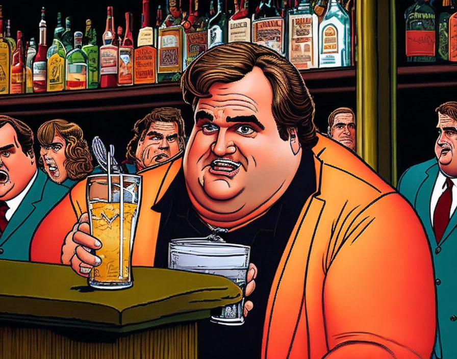 Cartoon character in orange suit at bar with glass and other characters