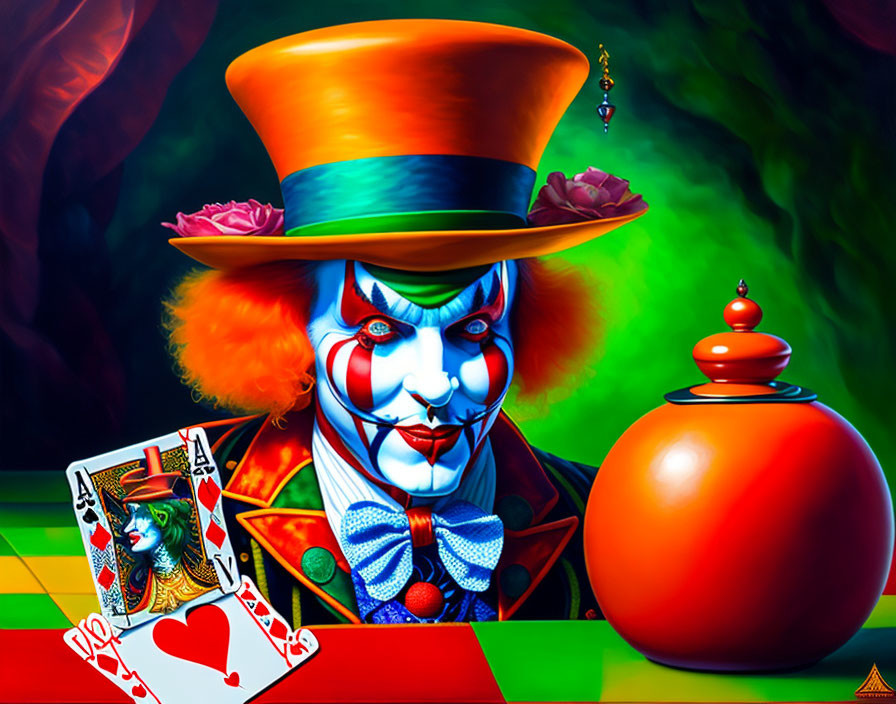 Colorful Clown with Top Hat and Playing Card on Green Background