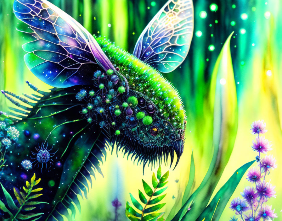 Fantastical insect with translucent wings in vibrant fantasy forest