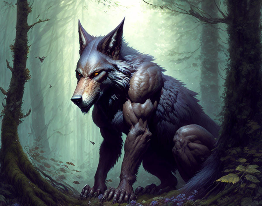 Muscular anthropomorphic wolf in forest with intense eyes and fur coat