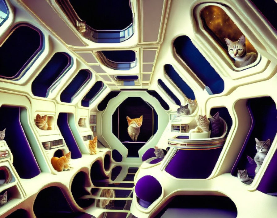 Futuristic interior design with capsule-like alcoves hosting cats