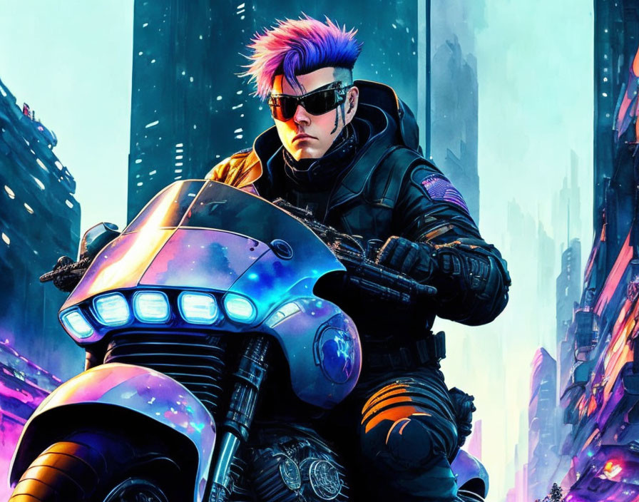 Futuristic biker with purple mohawk on cybernetic motorcycle in neon-lit city