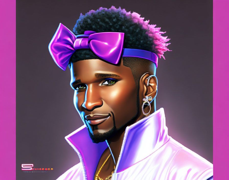 Digital portrait: person with pink bow headband, pink-tinted hair, earrings, vibrant purple