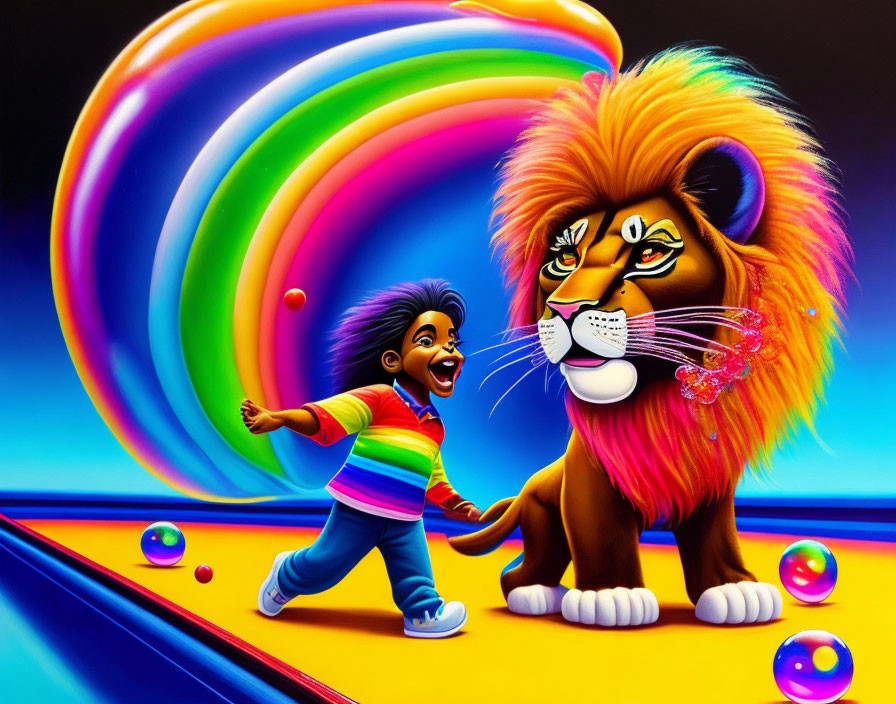 Colorful Illustration: Child and Lion Under Rainbow