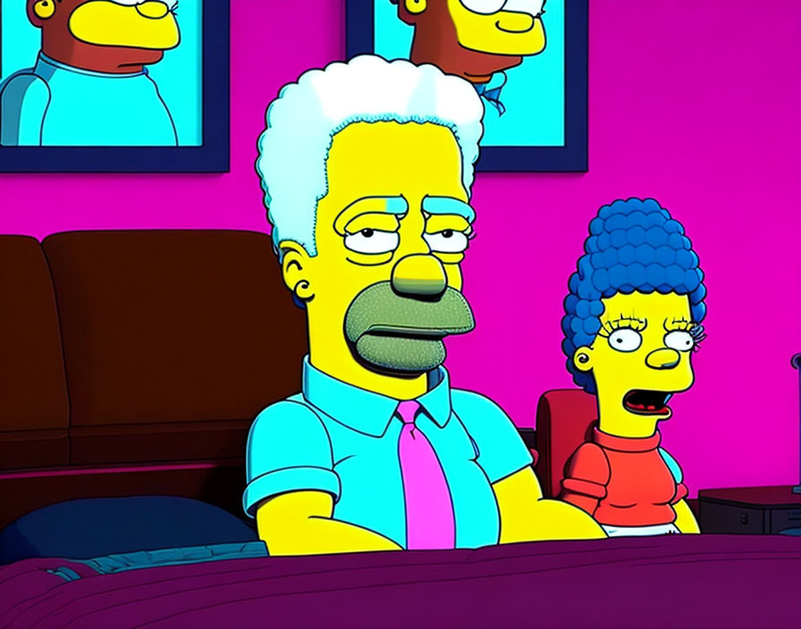 Cartoon character with Homer's body & Marge's hair, shocked Marge in background