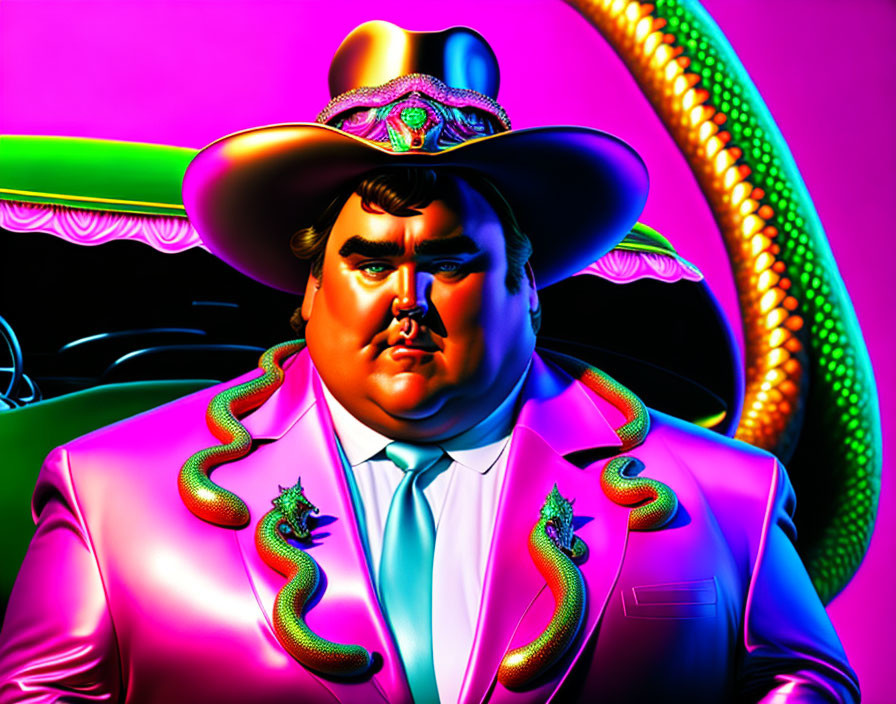 Vibrant digital artwork: man in teal suit with snakes and oversized pink cowboy hat on neon pink