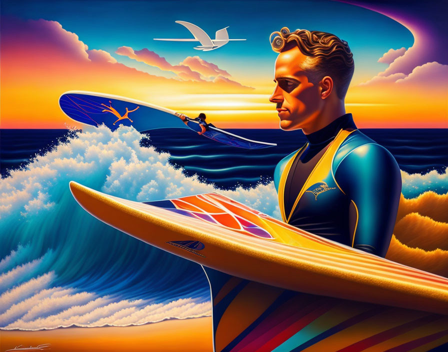 Stylized man with surfboard in vibrant ocean sunset scene