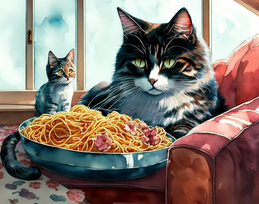 Two Cats with Large Plate of Spaghetti in Cozy Room